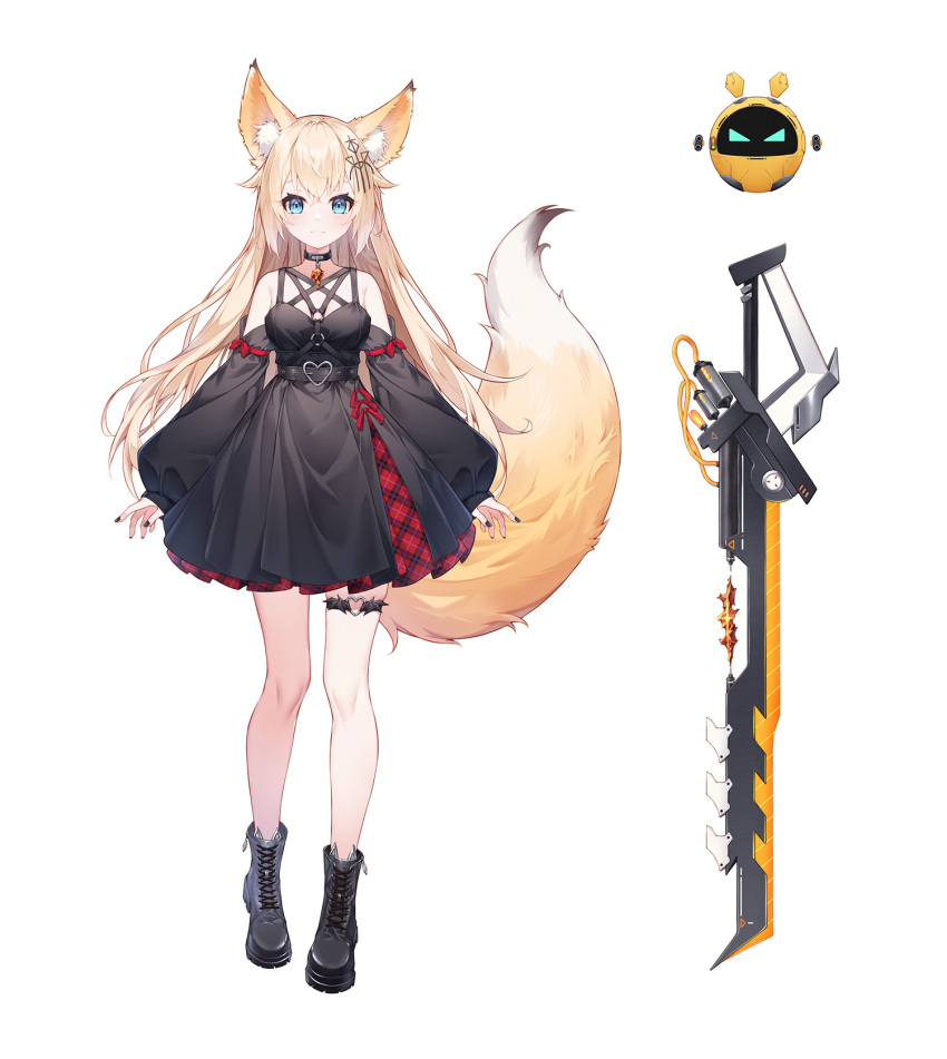 1girl animal_ear_fluff animal_ears belt black_belt black_dress black_footwear black_nails blonde_hair blue_eyes boots bow buckle choker dress expressionless fox fox_ears fox_girl fox_tail ge_zhong_kuaile hair_ornament heart heart-shaped_buckle highres indie_virtual_youtuber long_hair multicolored_clothes multicolored_dress red_bow robot solo standing sword tachi-e tail thigh_strap very_long_hair weapon