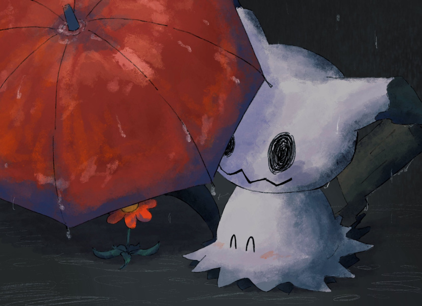 ^_^ alternate_color animal_focus closed_eyes colored_skin flower gyura highres mimikyu no_humans pokemon pokemon_(creature) rain red_flower shiny_pokemon tail umbrella wavy_mouth white_skin