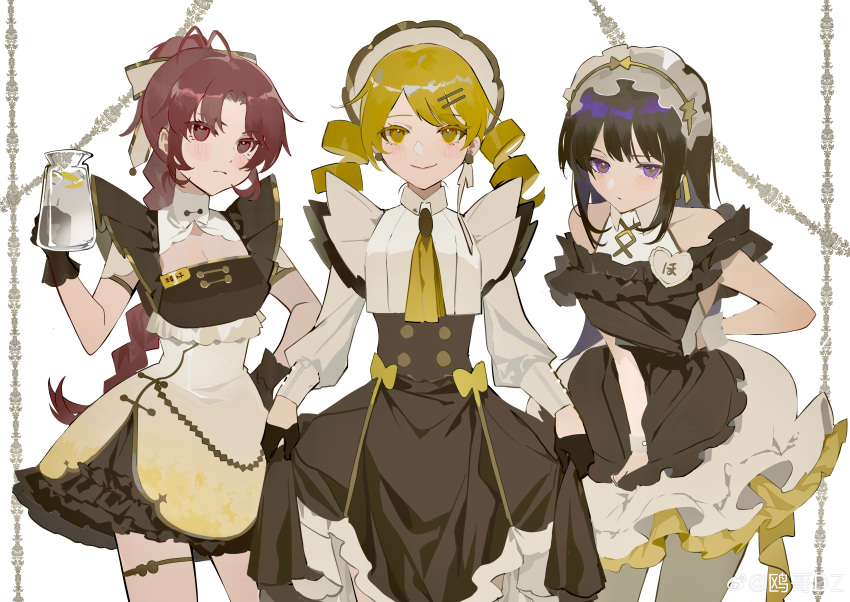 3girls absurdres akemi_homura alternate_costume antenna_hair apron bare_shoulders black_apron black_corset black_dress black_gloves blonde_hair bow braid braided_ponytail breasts bridal_garter buttons capelet chinese_commentary cleavage cleavage_cutout closed_mouth clothing_cutout collared_capelet collared_dress collared_shirt colored_eyelashes commentary_request corset cowboy_shot cup curtsey dress drill_hair earrings enmaided frilled_apron frilled_dress frilled_hairband frills frown glass gloves gold_trim grey_pantyhose hair_bow hair_ornament hairband hairclip half_gloves hand_on_own_hip high_collar high_ponytail highres holding holding_cup jewelry lapels light_blush long_hair long_sleeves looking_at_viewer mahou_shoujo_madoka_magica mahou_shoujo_madoka_magica_(anime) maid maid_headdress medium_hair mismatched_earrings multiple_girls name_tag ouge_dz pantyhose parted_lips puffy_long_sleeves puffy_sleeves purple_eyes purple_hair red_eyes red_hair ribbon ribbon_earrings sakura_kyoko shirt short_dress simple_background skirt_hold sleeveless sleeveless_dress smile sphere_earrings tomoe_mami twin_drills very_long_hair waist_bow watermark weibo_logo weibo_username white_background white_bow white_capelet white_headdress white_ribbon white_shirt white_sleeves white_wrist_cuffs yellow_bow yellow_eyes yellow_hairband
