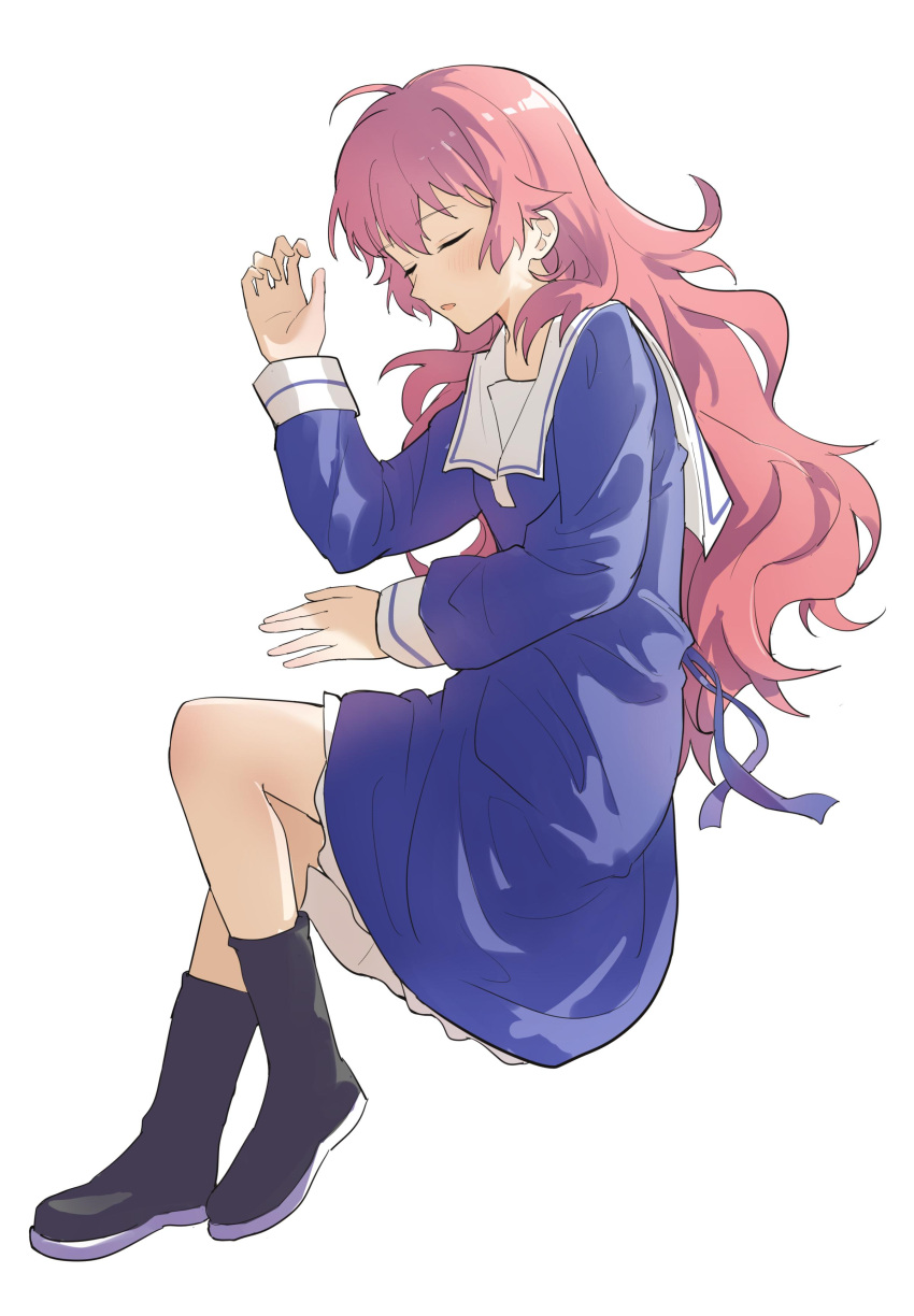 1girl absurdres ahoge black_footwear blue_dress blue_ribbon boots curly_hair dress highres kagari_mimi kimi_ga_shinu_made_koi_wo_shitai long_hair long_sleeves lrhwushang lying on_side parted_lips pointy_nose red_hair ribbon sailor_collar simple_background sleeping solo white_background white_sailor_collar