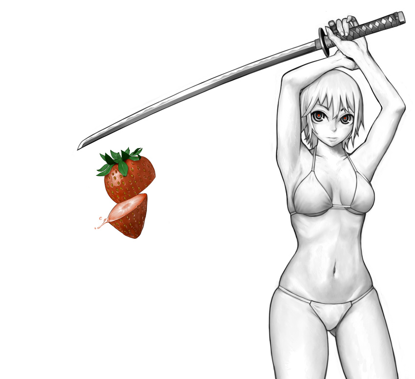 armpits arms_up bare_shoulders bikini breasts cleavage collarbone cutting food fruit groin hair_between_eyes highres hips holding holding_up large_breasts lips looking_at_viewer metal_akira midriff monochrome navel original red_eyes ribs serious short_hair sideboob sidelocks simple_background solo spot_color standing strawberry swimsuit sword thighs underboob weapon white white_background white_bikini