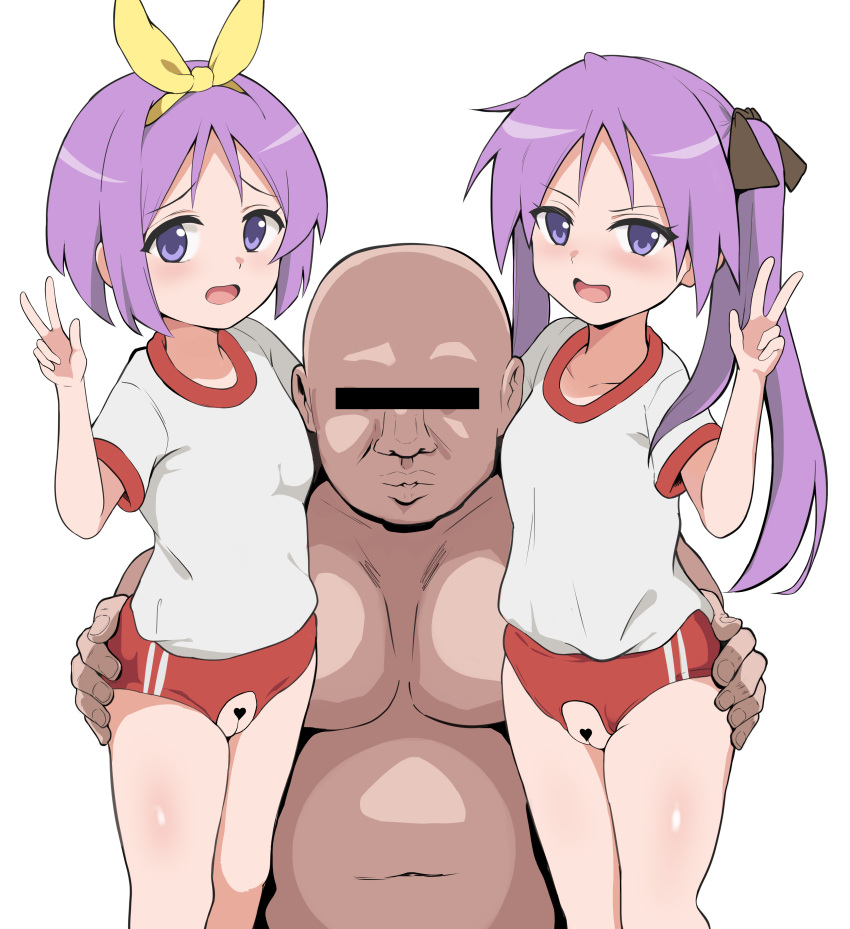 1boy 2girls absurdres blush breasts buruma crotchless crotchless_buruma gym_shirt gym_uniform hair_ribbon hand_on_another's_ass highres hiiragi_kagami hiiragi_tsukasa long_hair looking_at_viewer lucky_star multiple_girls open_mouth purple_eyes purple_hair pussy red_buruma ribbon shirt short_hair simple_background small_breasts smile twintails v verseir_001 white_background