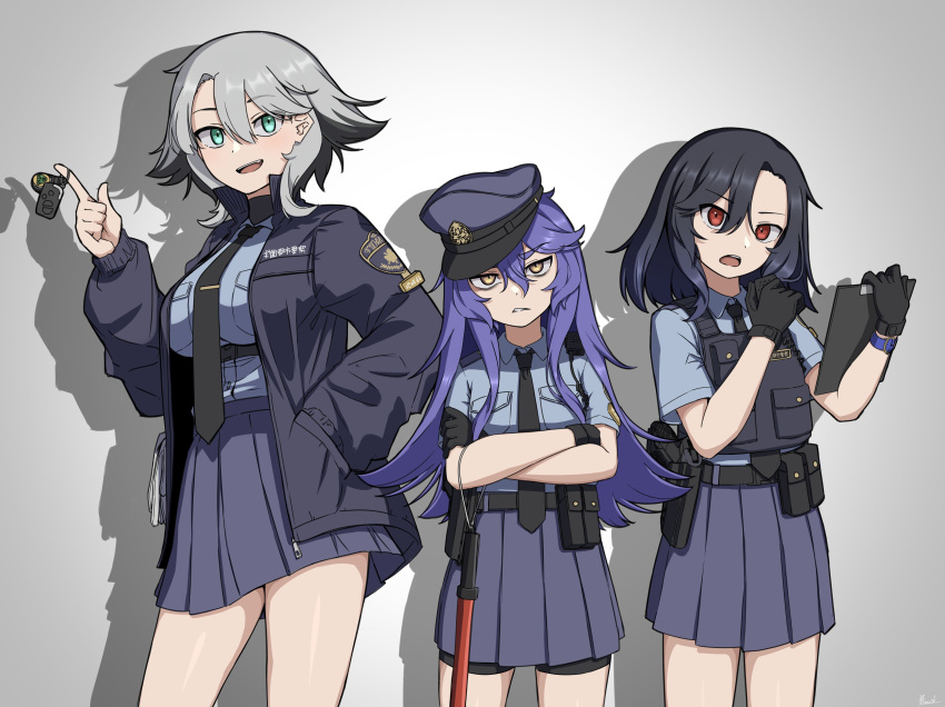 3girls absurdres angry baton_(weapon) belt belt_pouch black_gloves black_hair blue_eyes blue_hair blue_shirt blue_skirt bulletproof_vest collared_shirt crossed_arms gloves grey_background grey_hair gun handgun hat highres holding holding_key ismuth_(bibibibirite) jacket key keyring long_hair multicolored_hair multiple_girls necktie open_mouth original pleated_skirt pocket police police_badge police_hat police_uniform policewoman pouch red_eyes shadow shirt short_hair shorts shorts_under_skirt skirt smile teeth two-tone_hair uniform upper_teeth_only weapon yellow_eyes