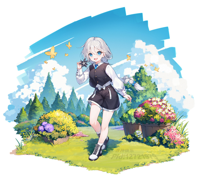 1girl aged_down apc556_(girls'_frontline) black_shorts black_vest blue_bow blue_eyes blue_necktie bow bug butterfly cloud collared_shirt commission flower ge_zhong_kuaile girls'_frontline hair_between_eyes hair_bow holding holding_flower long_hair long_sleeves looking_at_viewer multicolored_footwear necktie open_mouth outdoors pixiv_commission pixiv_id pixiv_username plant potted_plant shirt shoes shorts smile socks solo standing tree vest white_bow white_hair white_shirt yellow_butterfly