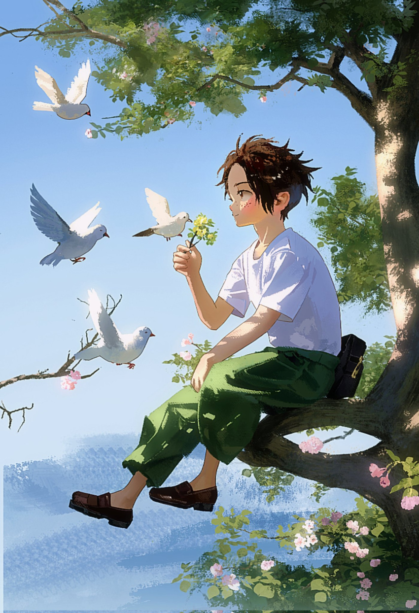 1boy aged_down animal bird black_hair blush branch cape dajingyuo day flower forest freckles full_body geta green_cape highres in_tree leaf male_focus nature one_piece outdoors pink_flower portgas_d._ace shirt shoes sitting sitting_in_tree sitting_on_branch sky smile solo sunlight tree white_bird