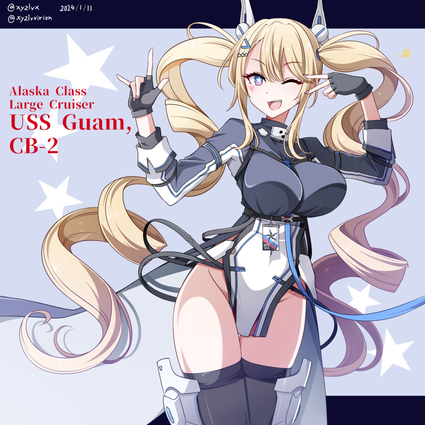 1girl ;d \m/ absurdres azur_lane black_gloves black_thighhighs blonde_hair blue_eyes breasts character_name chest_strap coat coattails commentary_request cowboy_shot dated drill_hair facial_mark gloves gradient_eyes grey_coat groin guam_(azur_lane) hair_between_eyes hair_ornament hairclip hands_up headgear heart heart_facial_mark hebitsukai-san highres large_breasts long_hair long_sleeves looking_at_viewer multicolored_eyes one_eye_closed open_mouth pelvic_curtain purple_eyes sidelocks skindentation smile solo standing star-shaped_pupils star_(symbol) symbol-shaped_pupils teeth thighhighs twin_drills twintails twitter_username underbust upper_teeth_only v_over_eye very_long_hair