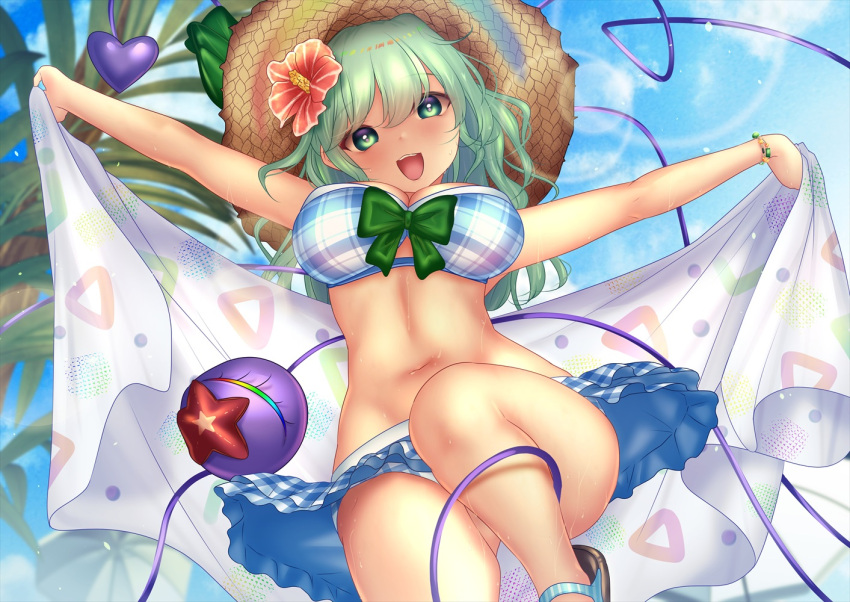 :d bikini blue_bikini blue_sky blurry blurry_background bow bracelet breasts brown_headwear cleavage commentary_request flower frilled_bikini frills green_bow green_eyes green_hair hair_flower hair_ornament hat heart jewelry komeiji_koishi komeiji_koishi_(the_excited_eyes_of_love) large_breasts leg_up lens_flare looking_at_viewer open_mouth outdoors outstretched_arms palm_tree parasol plaid plaid_bikini red_flower short_hair shounen_(hogehoge) sky smile starfish straw_hat swimsuit teeth third_eye touhou touhou_lost_word towel tree umbrella upper_teeth_only variant_set