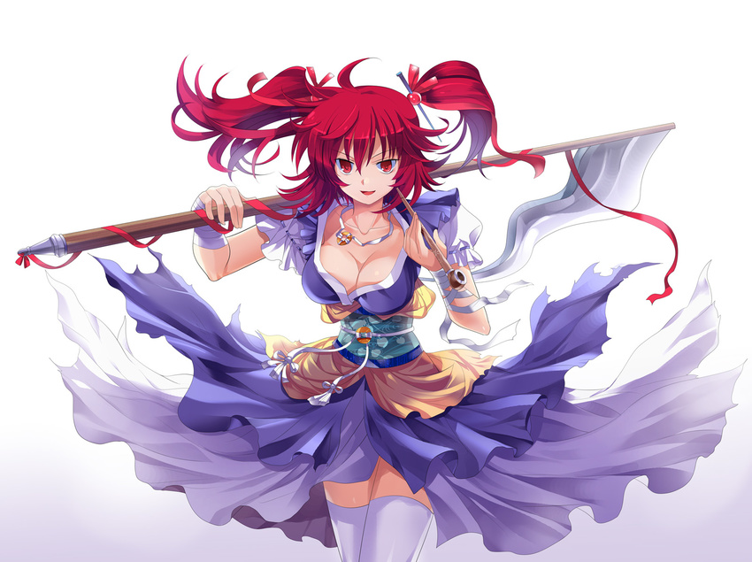 bad_id bad_pixiv_id breasts cleavage hair_bobbles hair_ornament highres kiseru large_breasts looking_at_viewer obi onozuka_komachi over_shoulder pico_(picollector79) pipe red_eyes red_hair sash scythe short_hair solo thighhighs touhou two_side_up weapon weapon_over_shoulder white_legwear