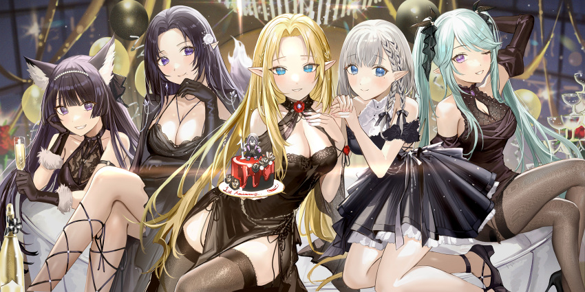 5girls alpha_(kage_no_jitsuryokusha_ni_naritakute!) animal_ears aqua_hair beta_(kage_no_jitsuryokusha_ni_naritakute!) black_hair blonde_hair blue_eyes braid breasts cake champagne_flute character_doll cid_kagenou cleavage cup delta_(kage_no_jitsuryokusha_ni_naritakute!) dress drinking_glass elf epsilon_(kage_no_jitsuryokusha_ni_naritakute!) flower food gamma_(kage_no_jitsuryokusha_ni_naritakute!) grin hair_flower hair_ornament haruri highres kage_no_jitsuryokusha_ni_naritakute! looking_at_viewer multiple_girls one_eye_closed pointy_ears purple_eyes sitting smile twintails