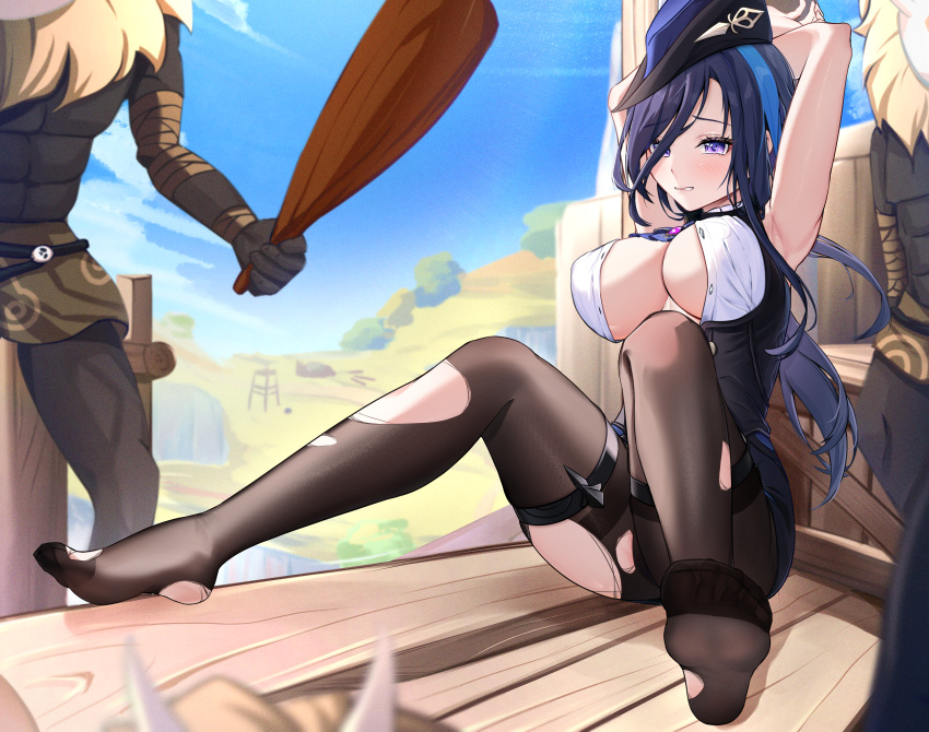 1girl 3boys absurdres arms_behind_head ascot black_corset blue_hair blue_headwear breasts clenched_teeth clorinde_(genshin_impact) club_(weapon) commentary_request corset dark-skinned_male dark_blue_hair dark_skin defeat genshin_impact hair_between_eyes hat highres hilichurl_(genshin_impact) holding holding_weapon knees_up large_breasts long_hair looking_at_viewer multicolored_hair multiple_boys multiple_thigh_straps no_shoes outdoors paid_reward_available pantyhose purple_ascot purple_eyes radoremo restrained shirt sitting soles streaked_hair taut_clothes taut_shirt teeth thighs torn_clothes torn_pantyhose tricorne unbuttoned vision_(genshin_impact) weapon white_shirt