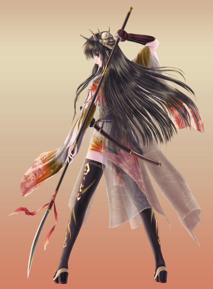 black_hair bow gauntlets gloves hannya highres hinomoto_oniko horns katana long_hair looking_back mask md5_mismatch naginata ntake_toukasaien oni original polearm sheath solo spear sword thighhighs weapon