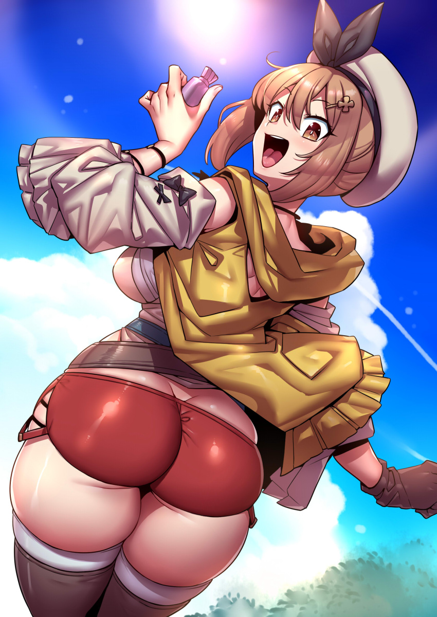 1girl ass ass_focus atelier_(series) atelier_ryza atelier_ryza_1 back blue_sky breasts brown_eyes brown_hair butt_crack cloud day from_behind hair_ornament hat highres hood huge_ass jewelry looking_at_viewer looking_back outdoors red_shorts reisalin_stout short_shorts shorts sky solo thick_thighs thighhighs thighs tukiwani white_headwear