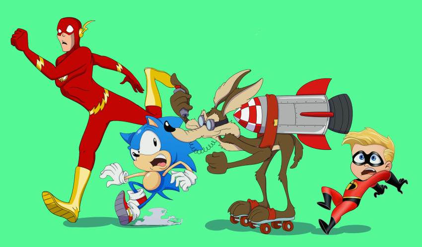 absurd_res anthro being_watched boots canid canine canis clothing coyote dash_parr disney eulipotyphlan eyewear footwear gloves goggles group handwear hedgehog hi_res human looking_at_another looney_tunes male mammal mask open_mouth pixar rocket roller_skates running scottforester17 sega simple_background sonic_the_hedgehog sonic_the_hedgehog_(series) the_flash the_flash_(series) the_incredibles warner_brothers wile_e._coyote