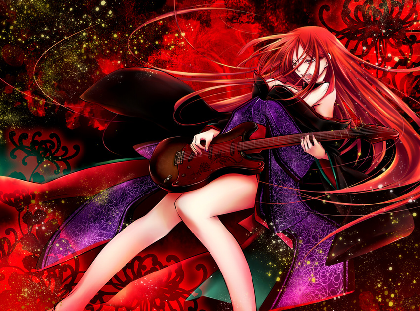 flowers guitar japanese_clothes kimono namine_ritsu red redhead trap violet_eyes vocaloid