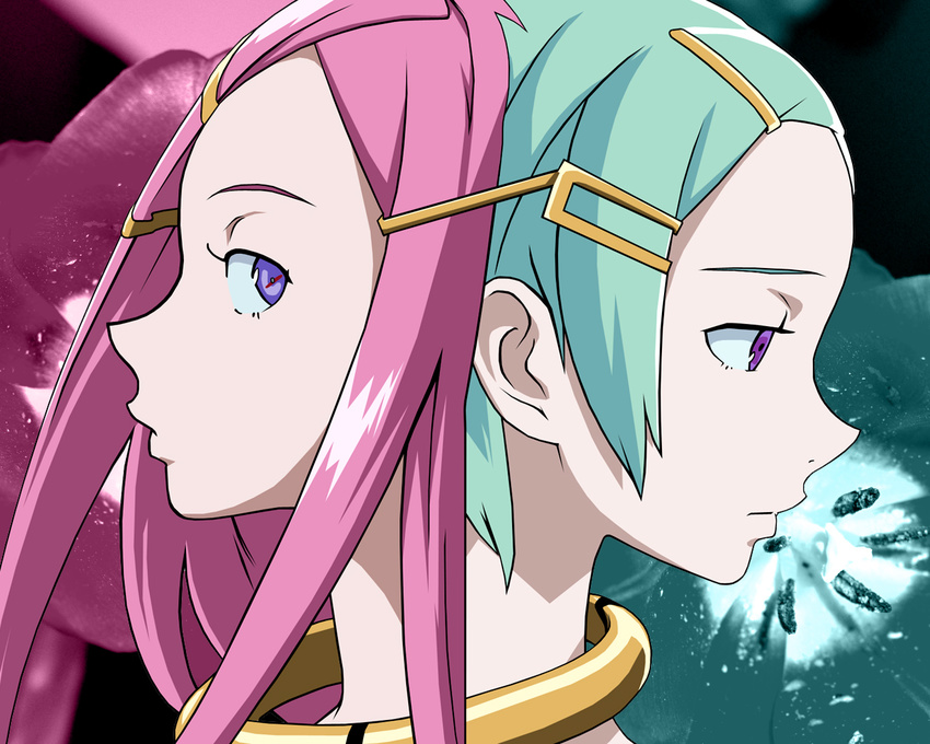 anemone_(eureka_seven) aqua_hair eureka eureka_seven eureka_seven_(series) hair_ornament hairclip multiple_girls pink_hair purple_eyes wallpaper