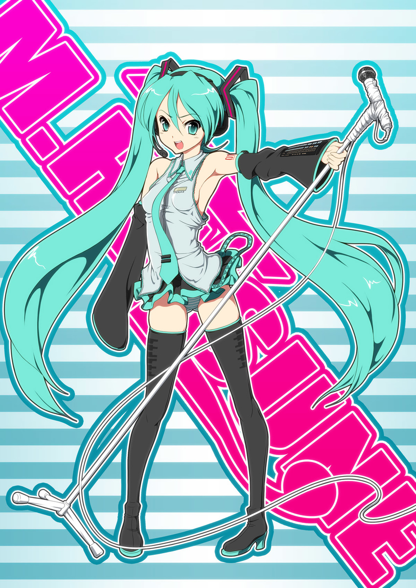 aqua_eyes aqua_hair armpits bad_id bad_pixiv_id boots detached_sleeves fugetsu_taku hatsune_miku headset high_heels highres legs long_hair microphone microphone_stand necktie panties pantyshot shoes skirt solo striped striped_panties thigh_boots thighhighs twintails underwear very_long_hair vocaloid