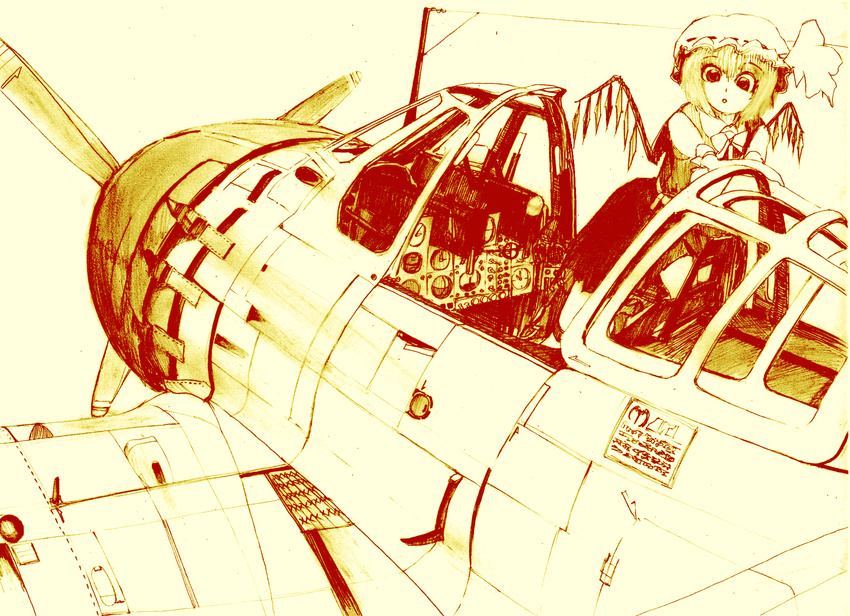 a-rex a6m_zero aircraft airplane cockpit flandre_scarlet highres military monochrome open_cockpit solo touhou