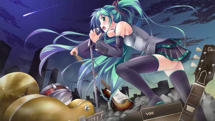 cityscape detached_sleeves green_eyes green_hair guitar hatsune_miku highres instrument long_hair masaki_kei microphone microphone_stand necktie night night_sky skirt sky solo thighhighs twintails very_long_hair vocaloid