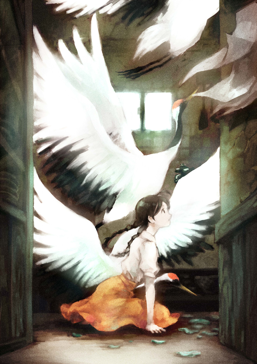 arm_support bird black_hair braid commentary_request crane_(animal) full_body highres indoors looking_afar looking_up original sitting solo wings yapo_(mess)