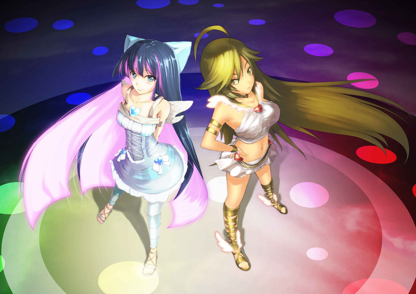 ahoge ankle_wings armlet arms_behind_back blackegg blonde_hair blue_eyes blue_hair bow collarbone cross-laced_footwear dress earrings hair_bow hands_on_hips highres jewelry long_hair looking_up midriff multicolored_hair multiple_girls navel panty_&amp;_stocking_with_garterbelt panty_(psg) pink_hair sandals standing stocking_(psg) striped striped_legwear thighhighs two-tone_hair very_long_hair wings yellow_eyes