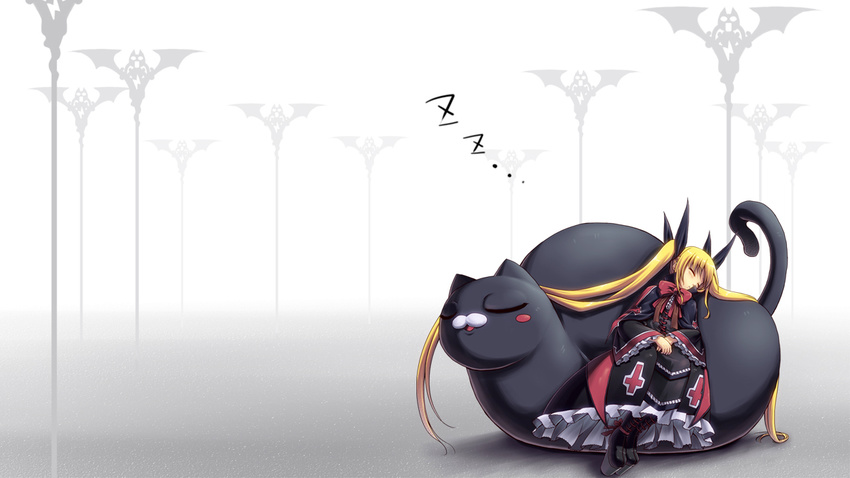 animal blazblue blonde_hair cat dress kellkero long_hair nago rachel_alucard sleeping twintails