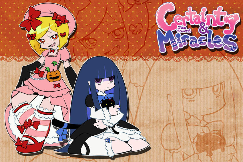 blonde_hair blue_hair cat empty_eyes fang frederica_bernkastel hat kl lambdadelta long_hair multiple_girls open_mouth orange_eyes panty_&amp;_stocking_with_garterbelt parody pink_hat pumpkin purple_eyes short_hair smile style_parody tail umineko_no_naku_koro_ni very_long_hair