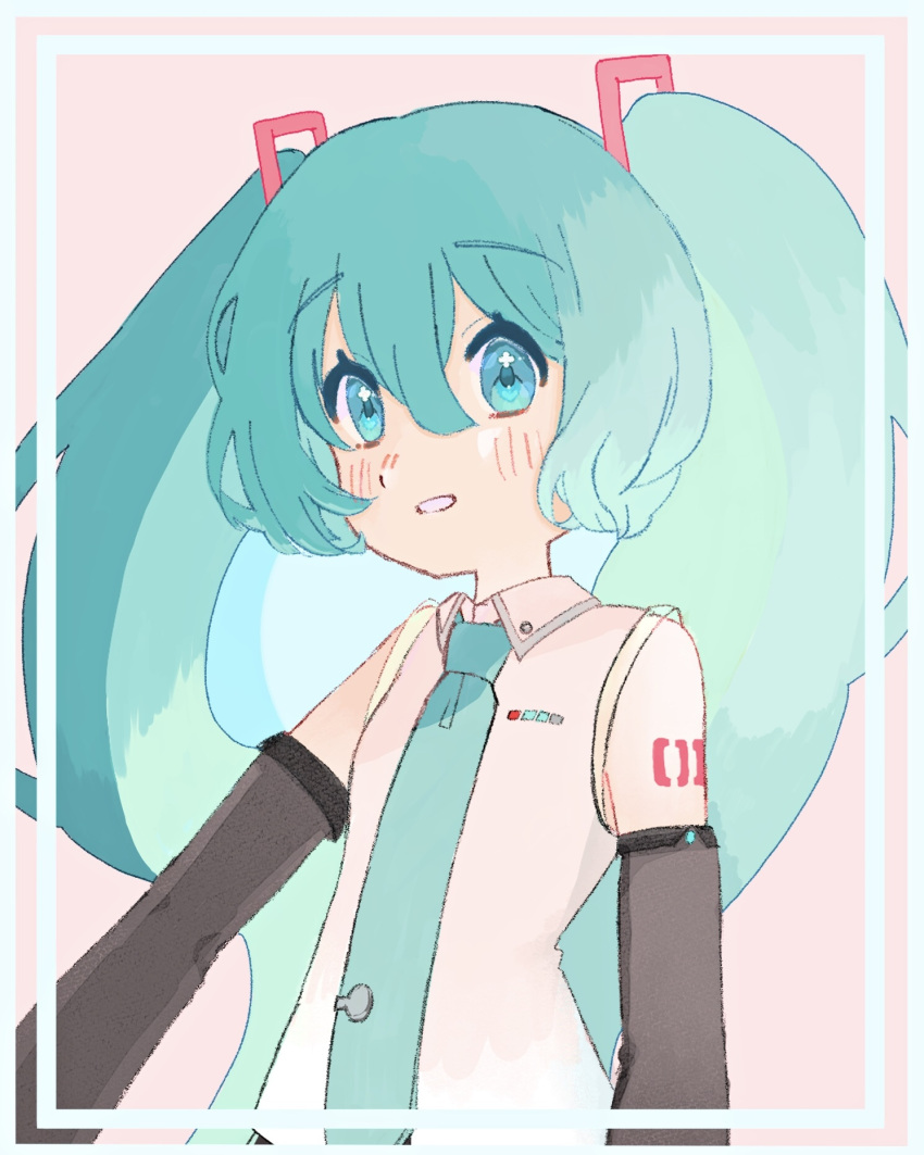 1girl black_sleeves blue_eyes blue_hair blue_necktie collared_shirt detached_sleeves double-parted_bangs hair_between_eyes hatsune_miku hatsune_miku_(vocaloid4) highres long_hair long_sleeves necktie number_tattoo pink_background sahanji shirt shoulder_tattoo solo tattoo twintails v4x vocaloid white_shirt