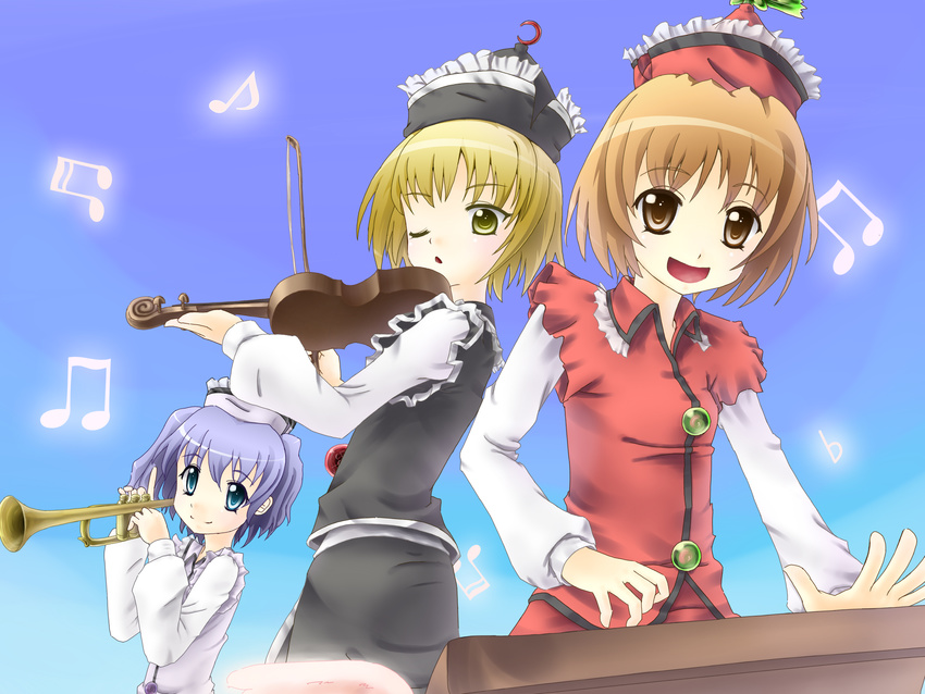 absurdres artist_request beamed_eighth_notes beamed_sixteenth_notes blonde_hair blue_hair brown_hair eighth_note flat_sign gradient gradient_background hat highres instrument keyboard_(instrument) lunasa_prismriver lyrica_prismriver merlin_prismriver multiple_girls musical_note short_hair siblings simple_background sisters touhou trumpet violin