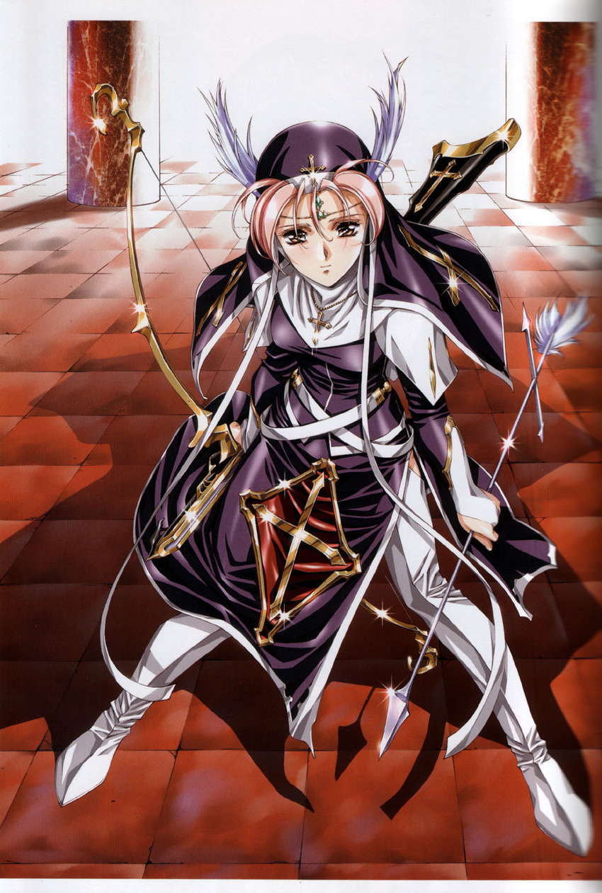 arrow bow_(weapon) copyright_request cross highres jewelry latin_cross necklace nun solo urushihara_satoshi weapon wings