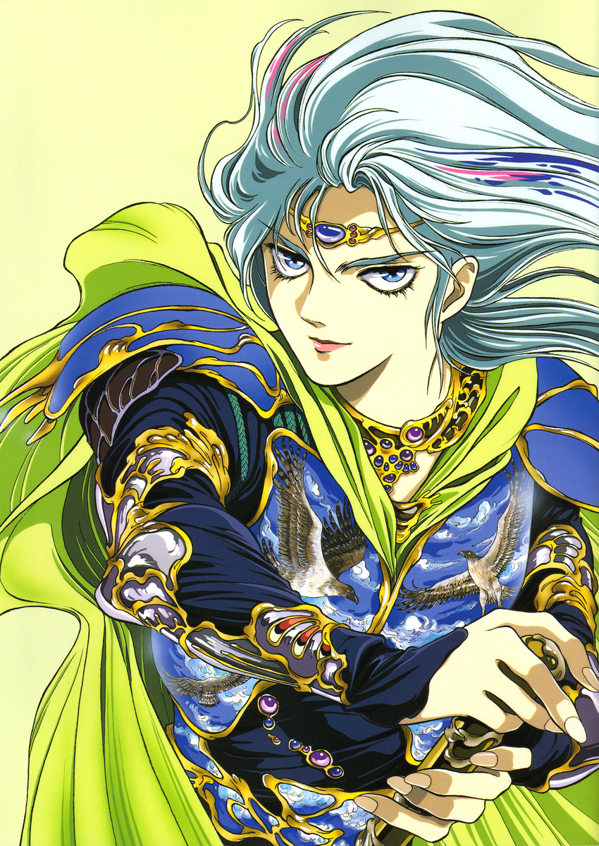 absurdres arslan arslan_senki artist_request blue_eyes cape expressionless gem headpiece highres lips long_sleeves looking_at_viewer male_focus shoulder_pads silver_hair simple_background solo yellow_background