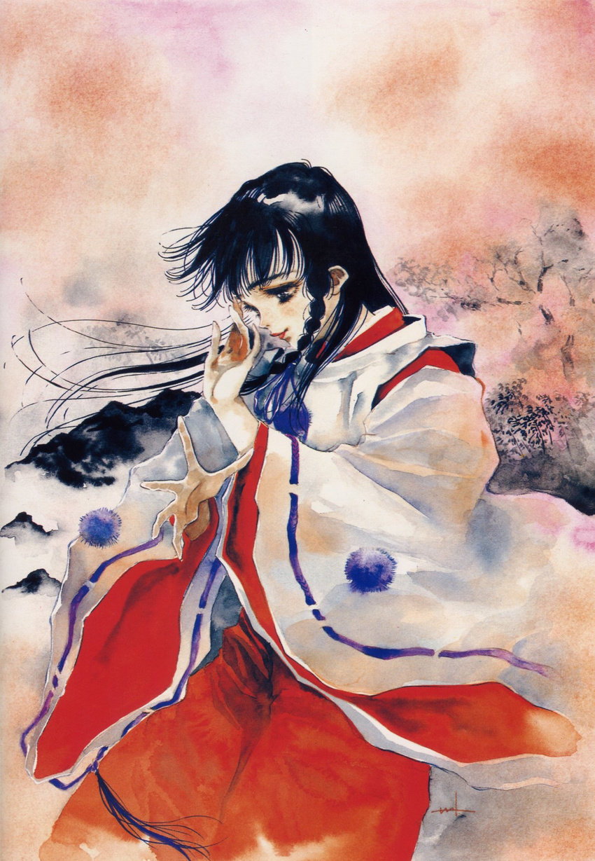 black_hair copyright_request hakama highres japanese_clothes mikimoto_haruhiko miko red_hakama solo