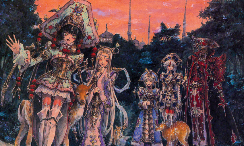 3girls animal antlers armor armored_boots astharoshe_asran baibars_(trinity_blood) behind_back black_hair blonde_hair bonnet boots building hair_rings helmet highres ion_fortuna long_hair long_sleeves looking_at_viewer mirka_fortuna multiple_boys multiple_girls official_art orange_sky outdoors plant reindeer scan seth_nightroad sheath sheathed shibamoto_thores shoulder_pads sky standing sword tabard thigh_boots thighhighs tower tree trinity_blood very_long_hair weapon wide_sleeves