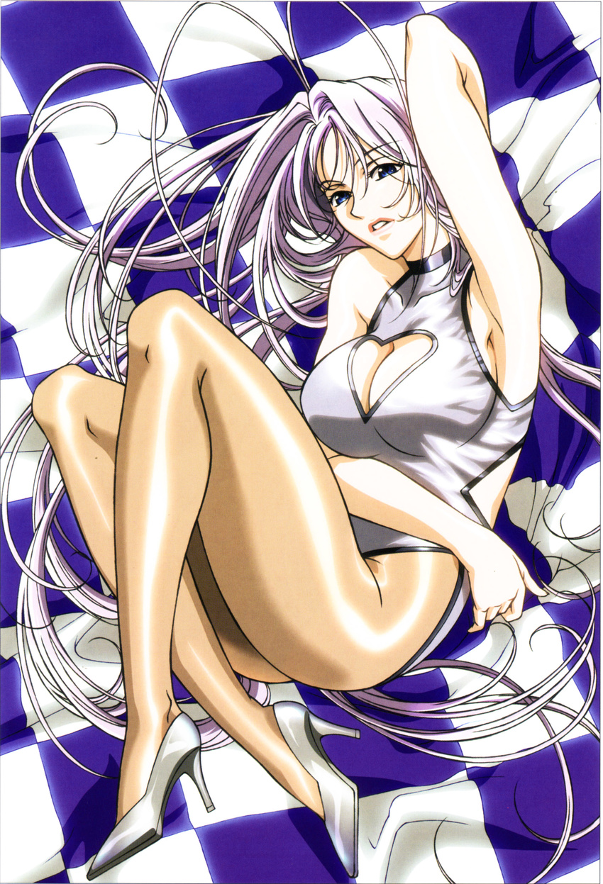 absurdres antenna_hair arm_up armpits artist_request blue_eyes breasts casual_one-piece_swimsuit checkered cleavage cleavage_cutout flag hand_behind_head heart heart_cutout high_heels highres large_breasts lipstick long_hair long_legs lying makeup natsume_maya on_side one-piece_swimsuit pantyhose purple_hair race_queen shoes solo swimsuit tenjou_tenge