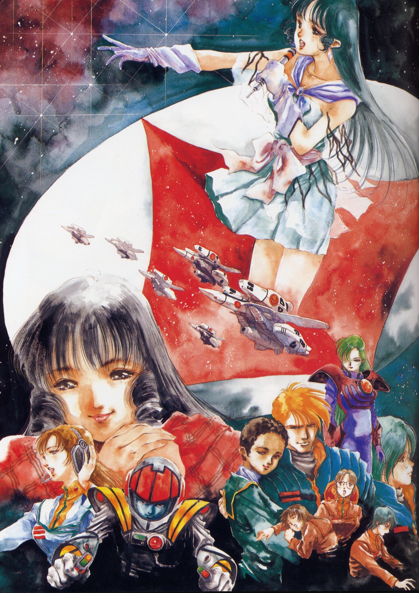 claudia_lasalle hayase_misa ichijyo_hikaru kim_kabirov lynn_minmay macross maximilian_jenius mecha mikimoto_haruhiko milia_farina roy_focker shammy_milliome the_super_dimension_fortress_macross vanessa_laird vf_valkyrie