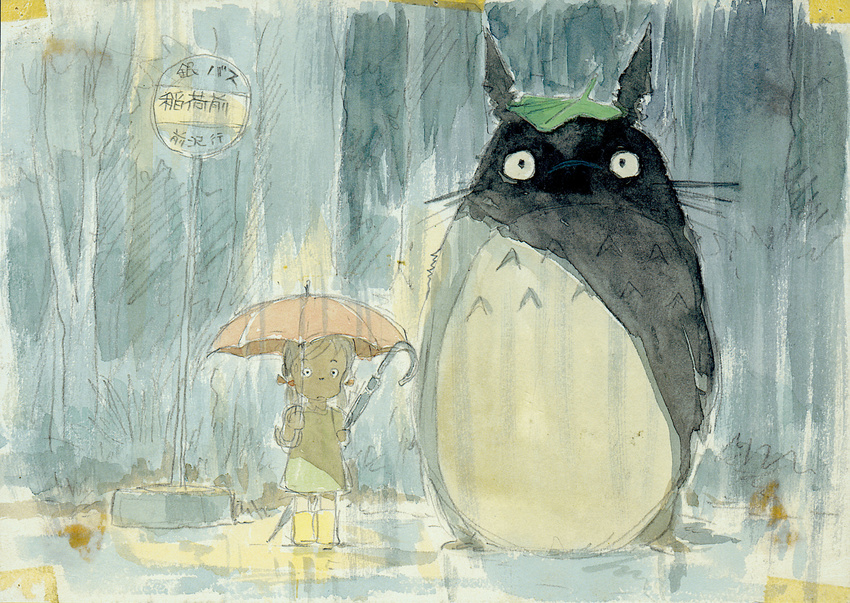 forest ghibli kusakabe_mei rain tonari_no_totoro totoro umbrella watercolor whiskers