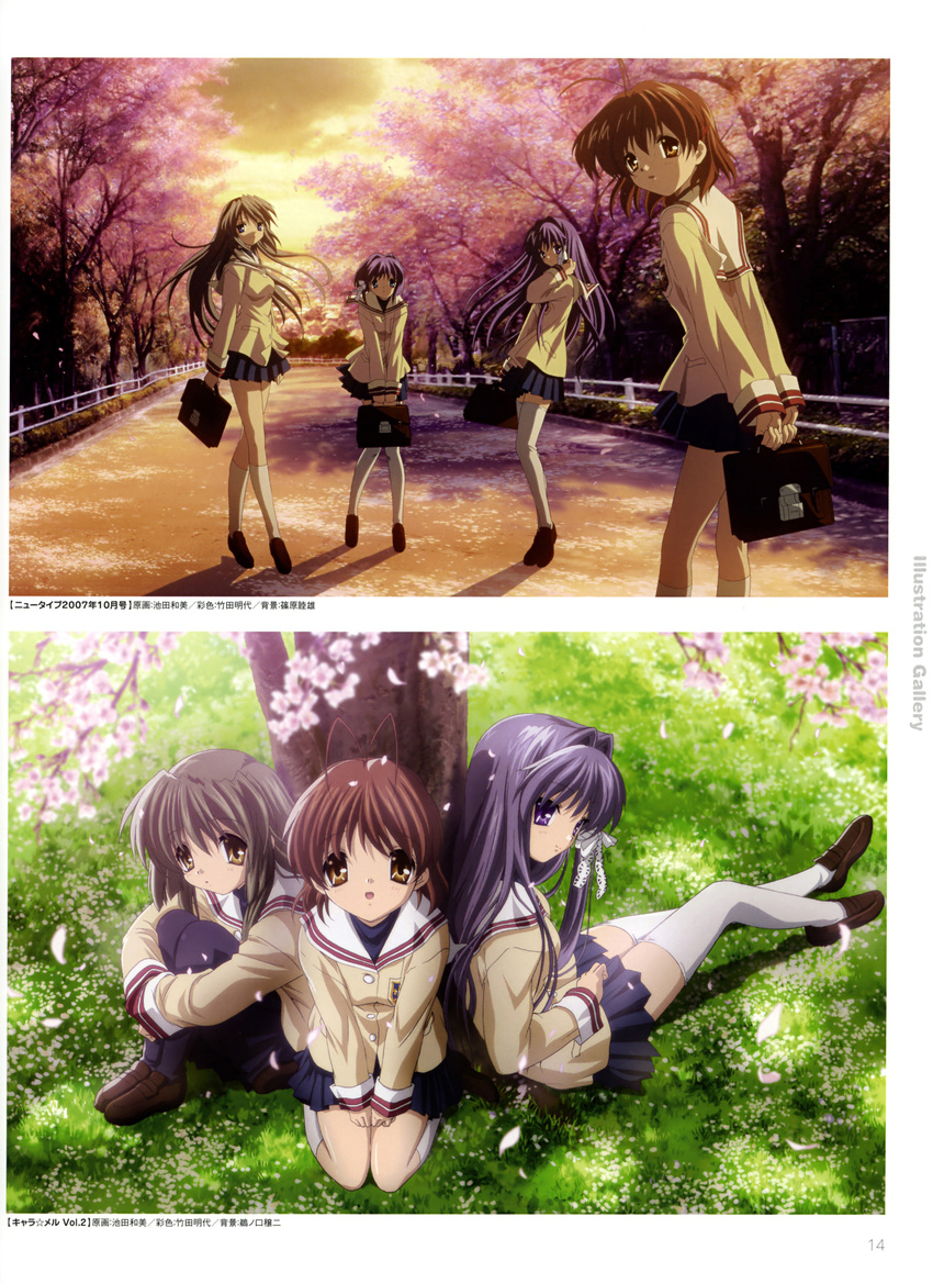 clannad fujibayashi_kyou fujibayashi_ryou furukawa_nagisa ibuki_fuuko ikeda_kazumi sakagami_tomoyo seifuku thigh-highs