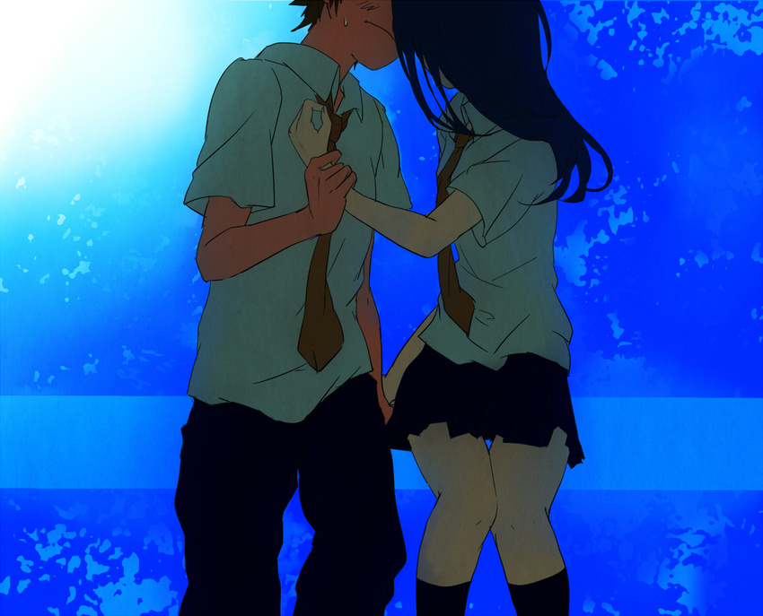 1girl blush couple head_out_of_frame hetero imminent_kiss kiss koiso_kenji necktie nervous school_uniform shinohara_natsuki skirt summer_wars sweatdrop tama_._kogifu wrist_grab