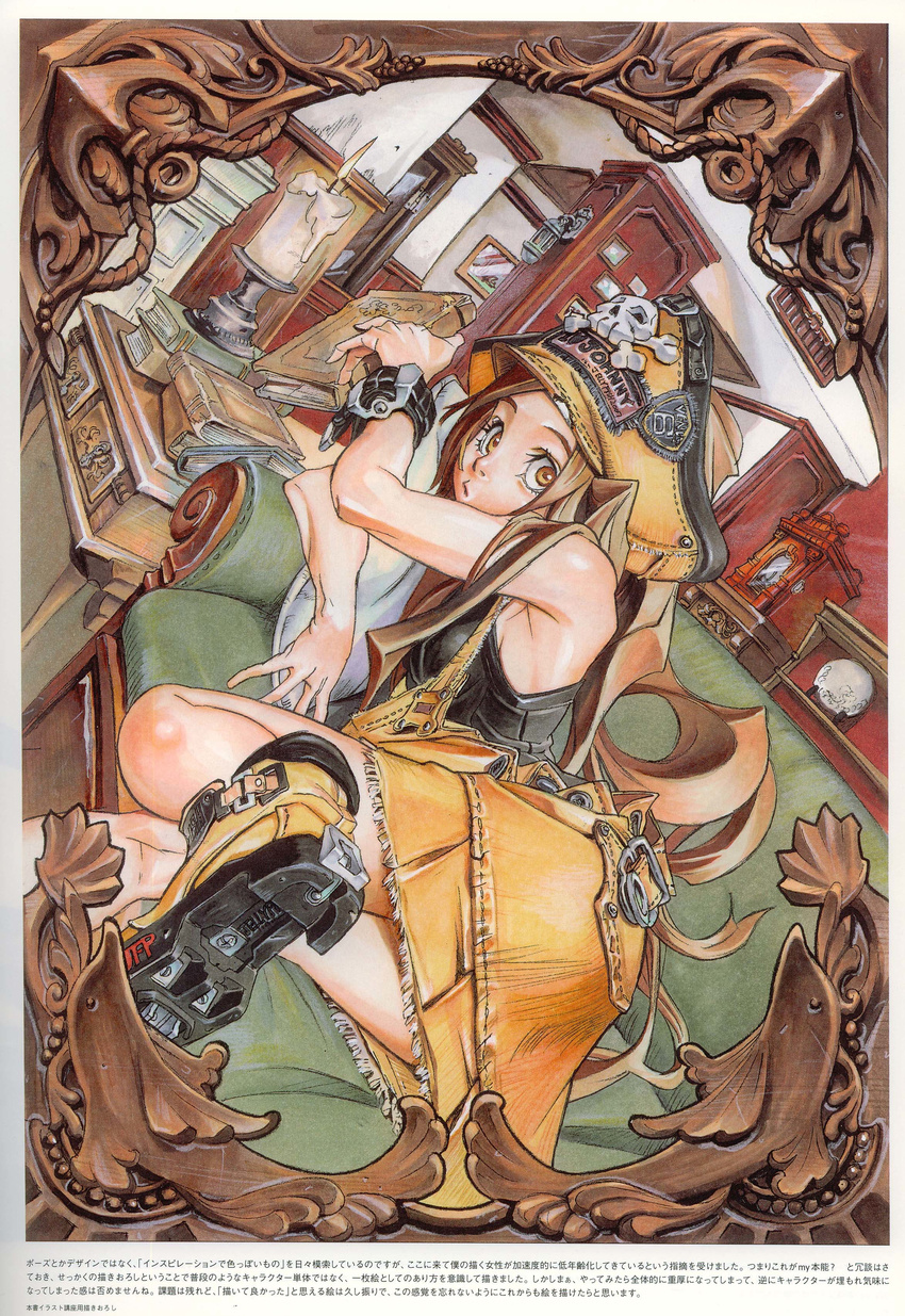 absurdres bare_shoulders book brown_hair candle clothes_writing couch dutch_angle guilty_gear hat heart highres holding ishiwatari_daisuke long_hair lying may_(guilty_gear) official_art on_side orange_hat overalls pirate_hat scan shoes skull skull_and_crossbones solo table yellow_eyes