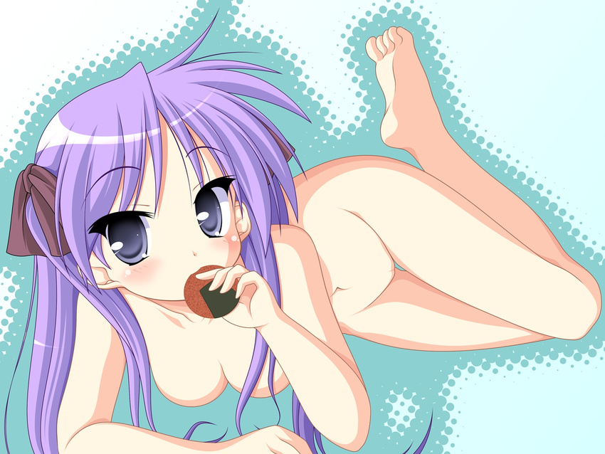 barefoot breasts food highres hiiragi_kagami kakesu lucky_star nude purple_hair solo wallpaper