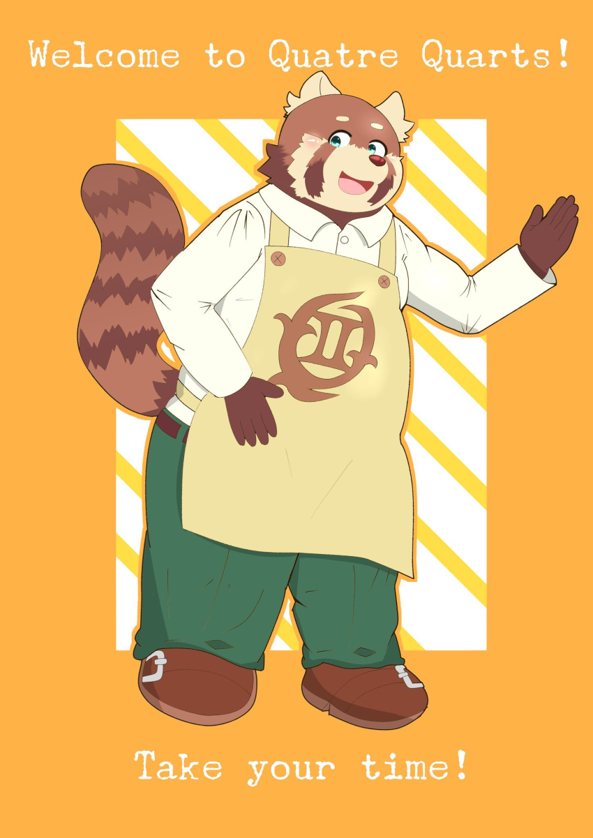 2019 ailurid anthro apron clothing english_text green_eyes hisashiyo_0705 humanoid_hands male mammal pants red_panda shirt simple_background slightly_chubby solo text