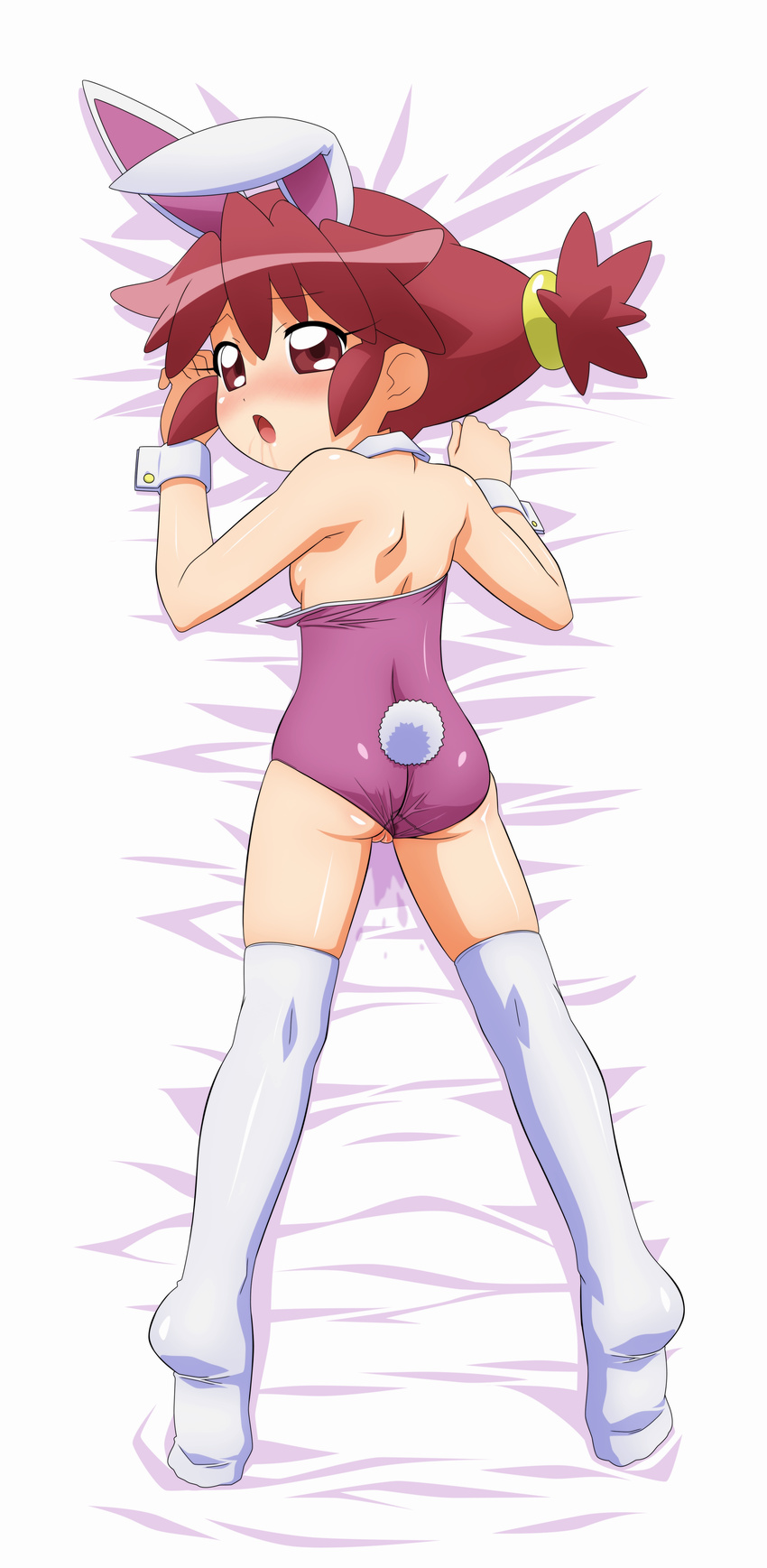absurdres animal_ears back bed blush breasts bunny_ears bunny_girl bunnysuit dakimakura fine from_above full_body fushigiboshi_no_futago_hime highres leotard leotard_aside looking_back lying on_stomach open_mouth purple_leotard pussy red_eyes red_hair sideboob small_breasts solo sugimura_tomokazu thighhighs twintails uncensored white_legwear wrist_cuffs