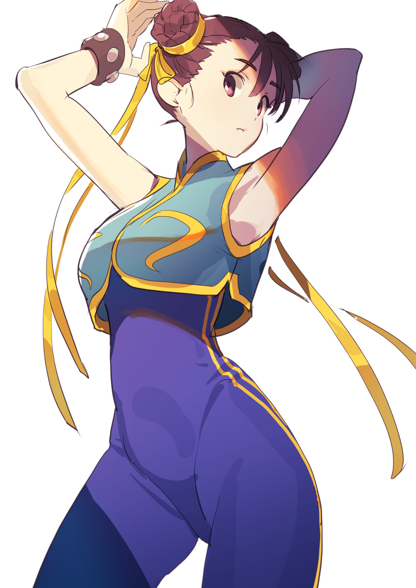 1girl absurdres armpits bangs bare_shoulders blue_unitard bow bracelet breasts brown_eyes brown_hair chun-li crop_top double_bun gold_trim hair_bow hair_ornament highres jewelry large_breasts looking_at_viewer parted_lips sleeveless solo standing street_fighter street_fighter_zero_(series) tanakalma unitard