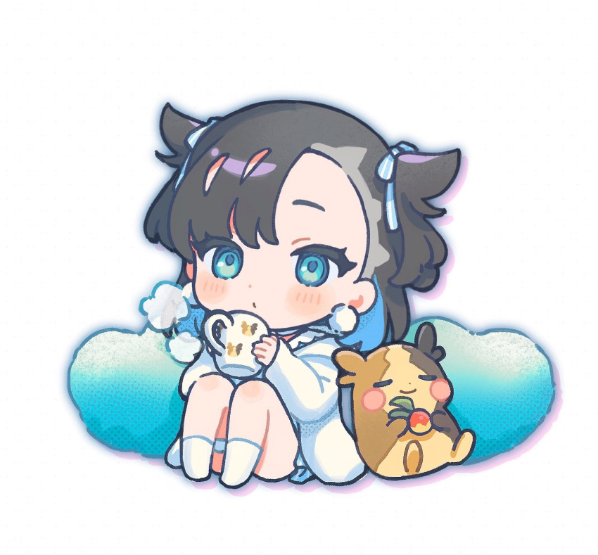 1girl asymmetrical_bangs bangs black_hair blue_eyes chibi coffee_mug cup earrings highres holding holding_cup jewelry leaning_back marnie_(pokemon) morpeko morpeko_(full) mug nekoyashiki_pushio pokemon pokemon_(game) pokemon_swsh pom_pom_(clothes) pom_pom_earrings sitting steam white_legwear