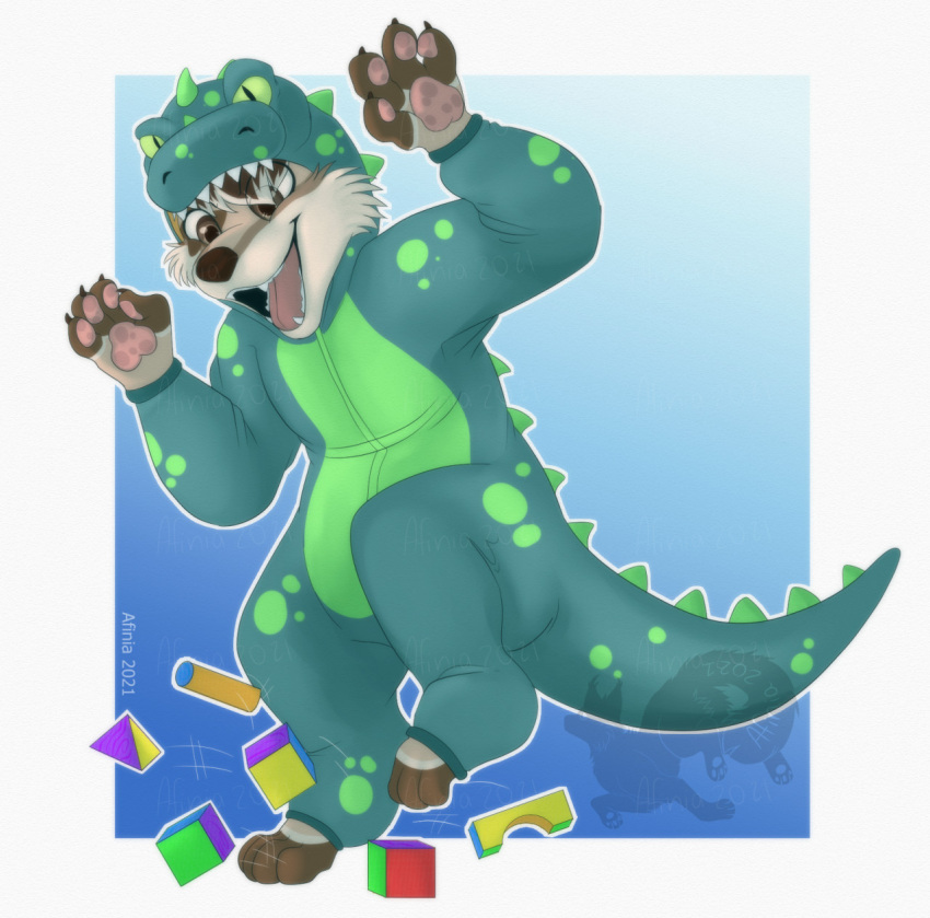 2021 afinia anthro biped clothing dragon fur hair hi_res male mammal onesie open_mouth paw_beans paws simple_background smile solo standing