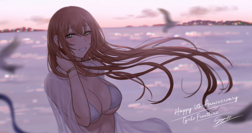 1girl bangs bikini blush bracelet breasts brown_hair chinese_commentary cleavage commentary commentary_request eyebrows_visible_through_hair girls'_frontline green_eyes grin highres jewelry large_breasts looking_at_viewer outdoors parted_lips selcky smile solo springfield_(girls'_frontline) swimsuit teeth upper_body white_bikini