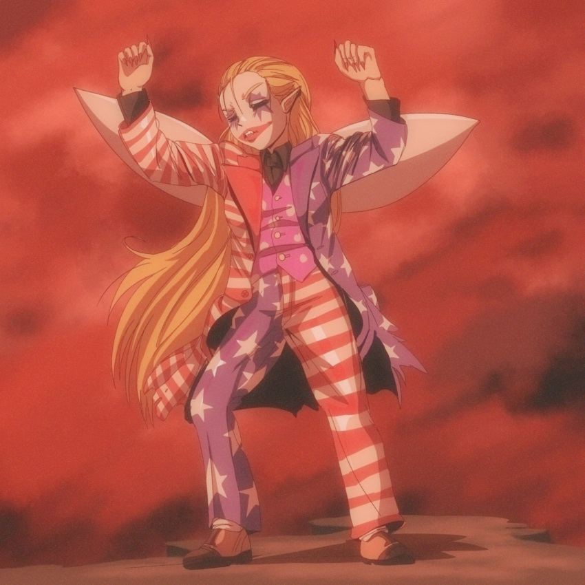 1990s_(style) 1girl american_flag american_flag_coat american_flag_pants blonde_hair brown_footwear clown clownpiece cosplay dancing facepaint formal highres joker_(2019) joker_(dc) joker_(dc)_(cosplay) long_hair meme pants pointy_ears retro_artstyle solo step_arts suit touhou vest we_live_in_a_society wings