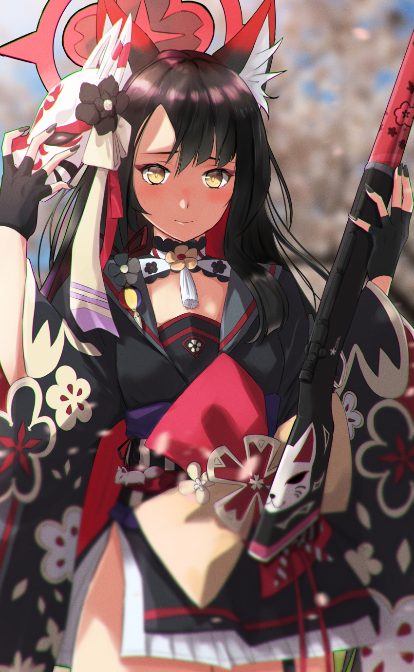 1girl absurdres animal_ear_fluff animal_ears bangs black_hair black_kimono blue_archive breasts closed_mouth fingerless_gloves floral_print fox_ears gloves gun hair_between_eyes halo highres japanese_clothes kimono long_hair looking_at_viewer mask mask_on_head multicolored_hair outdoors print_kimono red_hair rifle small_breasts sniper_rifle standing sunlight two-tone_hair wakamo_(blue_archive) weapon yellow_eyes ykh1028