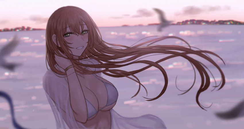 1girl bangs bikini blush bracelet breasts brown_hair chinese_commentary cleavage commentary commentary_request eyebrows_visible_through_hair girls'_frontline green_eyes grin highres jewelry large_breasts looking_at_viewer outdoors parted_lips selcky smile solo springfield_(girls'_frontline) swimsuit teeth upper_body white_bikini