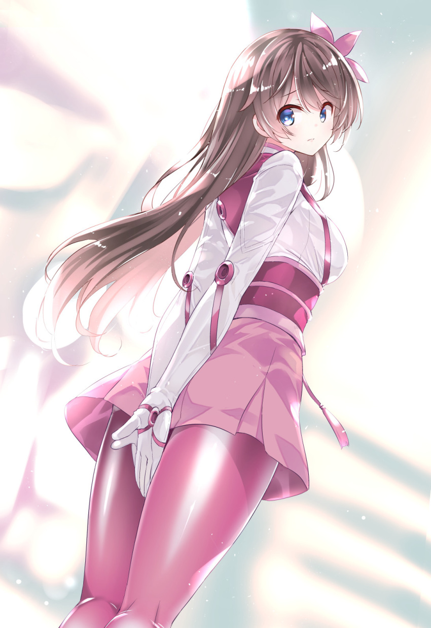 1girl amamiya_sakura blue_eyes breasts floating_hair flower from_behind gloves hair_flower hair_ornament head_tilt high-waist_skirt highres long_hair looking_back medium_breasts open_hands pantyhose pink_flower pink_legwear pink_skirt sakura_taisen sdwing shin_sakura_taisen shirt skirt solo white_gloves white_shirt