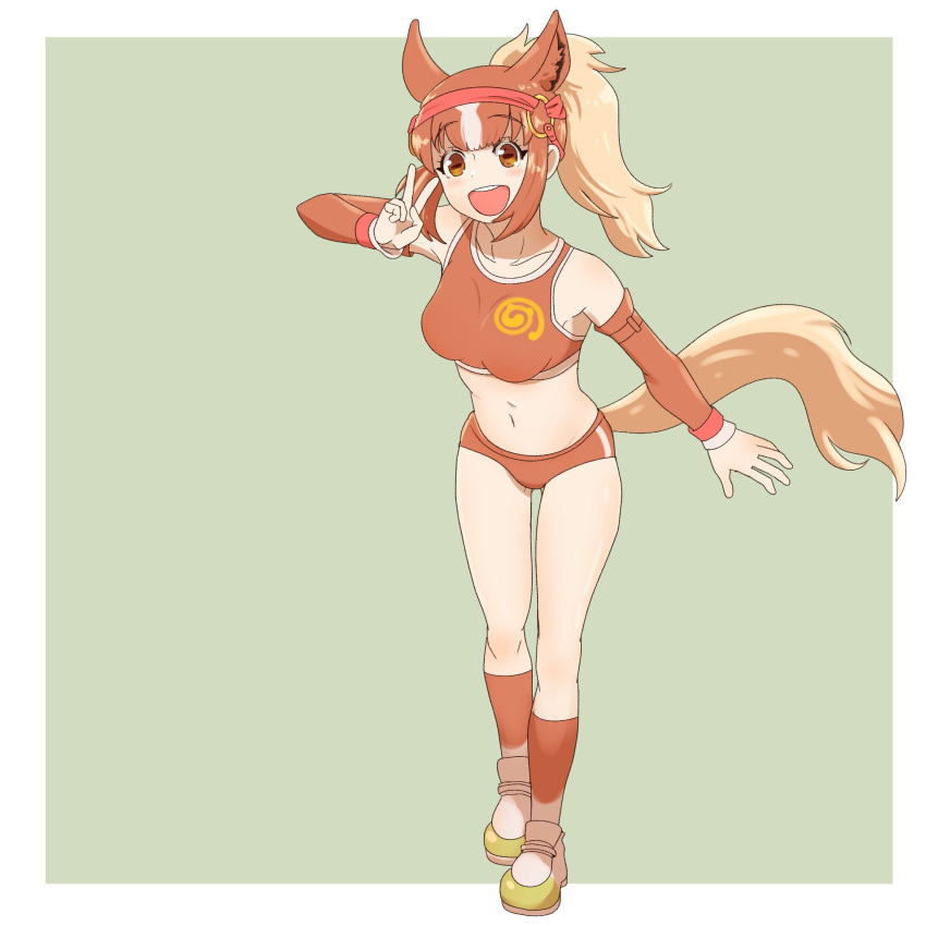 1girl animal_ears bare_shoulders blonde_hair blush brown_buruma brown_eyes brown_hair brown_legwear brown_sports_bra buruma chestnut_thoroughbred_(kemono_friends) commentary_request detached_sleeves extra_ears full_body headgear highres horse_ears horse_girl horse_tail kemono_friends long_hair midriff multicolored_hair navel ookii_yama open_mouth ponytail shoes smile sneakers socks solo sports_bra sportswear tail v